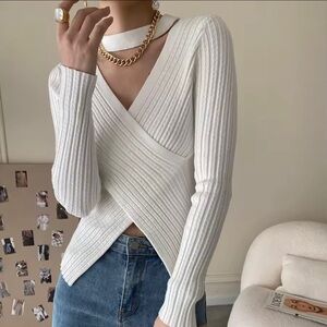 NWOT Women's Criss Cross V Neck Sweater Fairy Aesthetic Sexy Halter Y2K Pullover